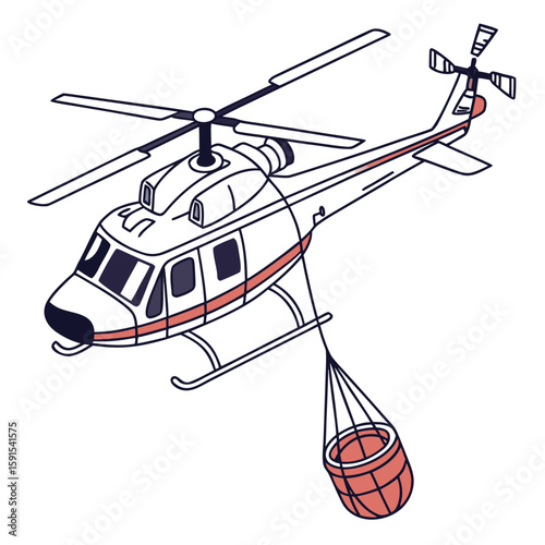 Helicopter carrying water bucket aerial transport