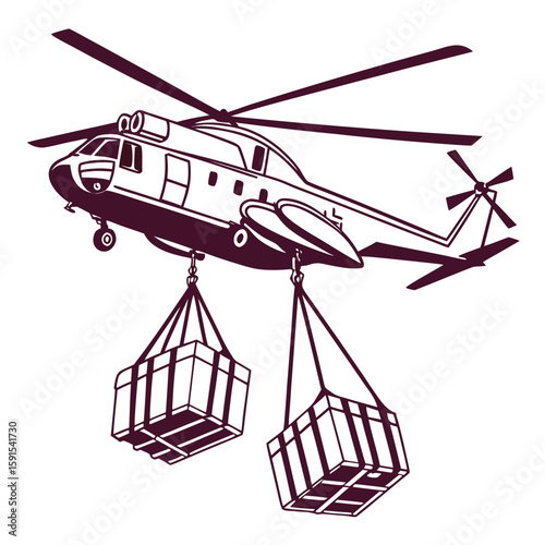 Maroon helicopter carrying cargo containers transport