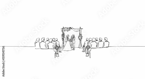Simple sketch of a wedding ceremony with the couple at the altar and the audience watching.
