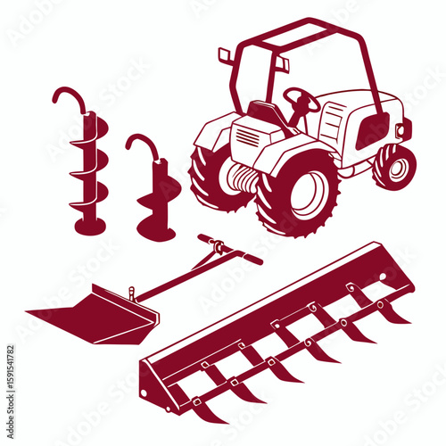 Maroon tractor and farming implements auger bucket