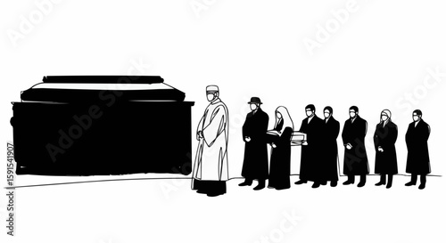 A somber scene unfolds as people gather at a funeral. The artist has captured a moment of profound loss and the solemn rituals of farewell