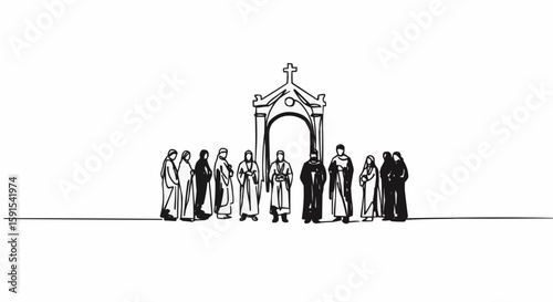 Monks standing and walking into a religious building.