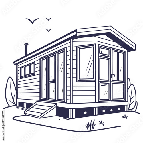 Modern dwelling with large windows and chimney mobile home