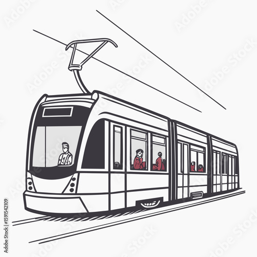 Modern tram with passengers public transport city