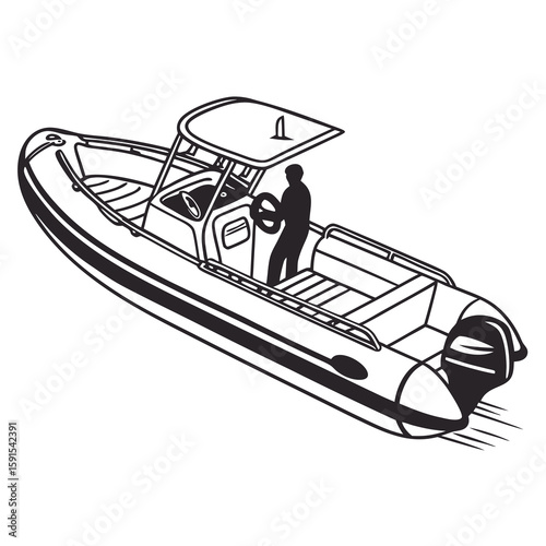 Motorized boat with person steering vessel watercraft