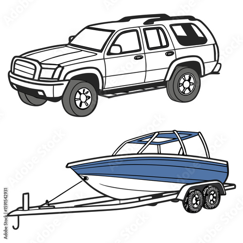 S U V towing blue boat on trailer vehicle