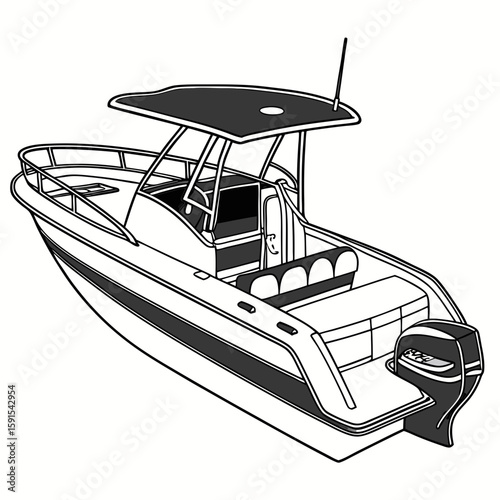 Modern motorboat with canopy and outboard motor watercraft