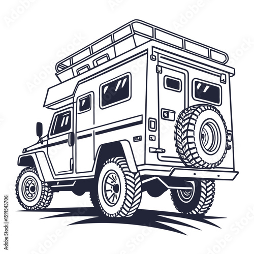 Off road camper vehicle with roof rack and spare tire
