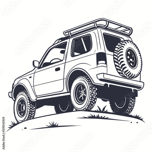 Off road vehicle with roof rack and spare tire graphic