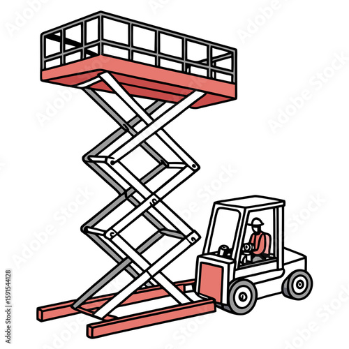 Red hydraulic lift with operator scissor lift aerial work platform