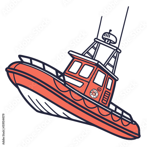 Orange rescue boat with dark blue outline life boat