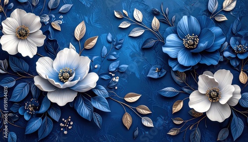 Floral wallpaper design with blue and white flowers