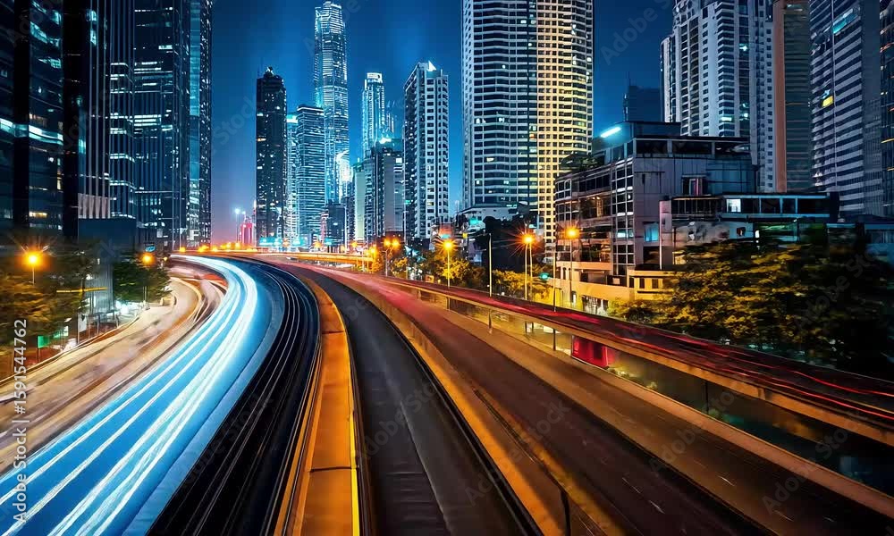 Dynamic urban timelapse capturing the essence of metropolitan nightscapes, light trails, and modern architectural wonders Dynamic urban timelapse capturing the essence of metropolitan nightscapes, light trails, and modern architectural wonders