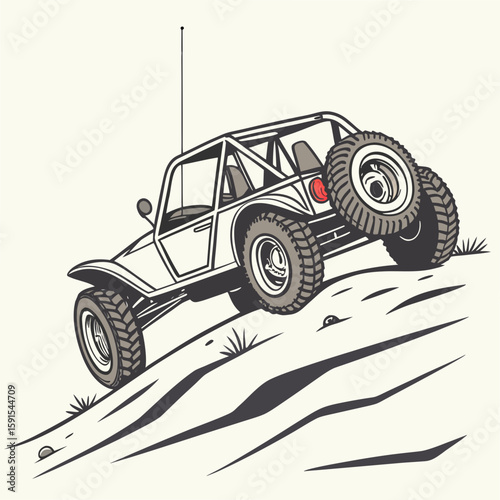 Rugged dune buggy climbing hill off road vehicle tires
