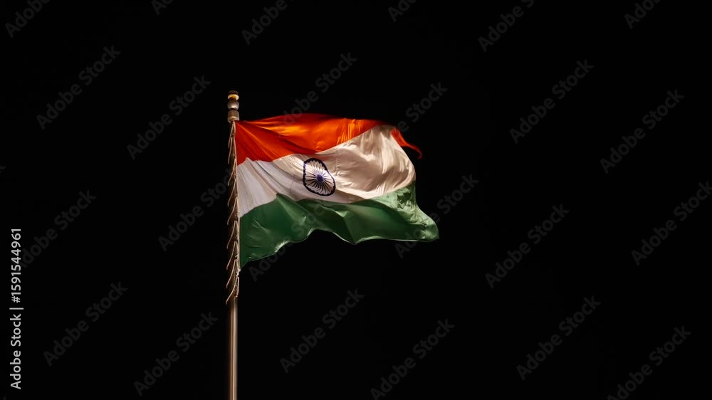 Real Indian flag beautifully waving in the wind at night time. Independence Republic day celebration event. National pride and patriotism. Video with majestic view of flag.