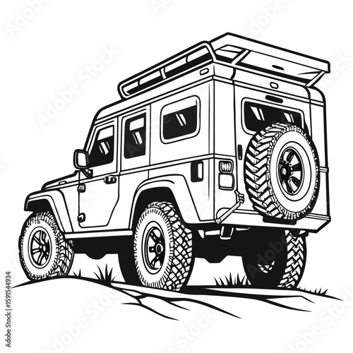 Rugged off road camper with roof rack and spare tire