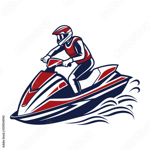 Racing jet ski rider in blue and red watercraft speed
