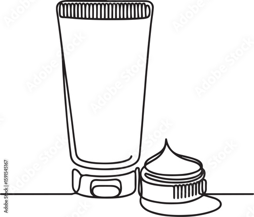 Minimalist line art of cosmetic cream tube and open jar on white background