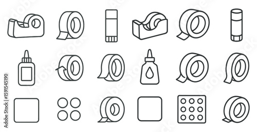 Collection of items that are related to tape and glue. The items include a roll of tape, a roll of tape dispenser, a roll of tape dispenser tape, a roll of tape dispenser tape dispenser
