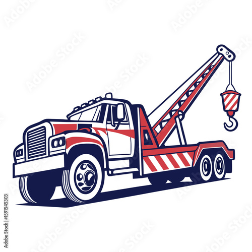 Red blue white tow truck with hook crane heavy duty