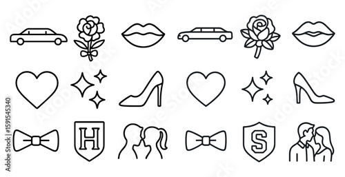 Collection of wedding related icons including a heart, a rose, a car, a shoe, a rose, a car, a rose, a car, a rose, a car, a rose, a car, a rose, a car, a
