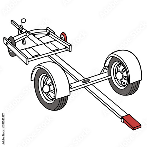 Red tipped trailer dolly with grey wheels towing vehicle