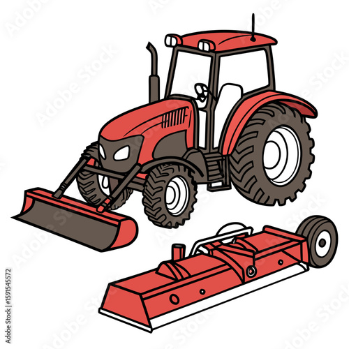 Red tractor with mower attachment farm agriculture