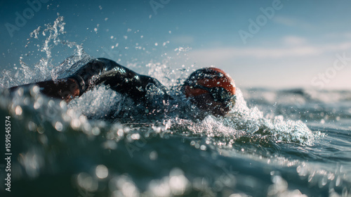 Fototapeta Naklejka Na Ścianę i Meble -  A professional triathlete swims freestyle in open ocean waters while wearing a wetsuit, highlighting strength and technique