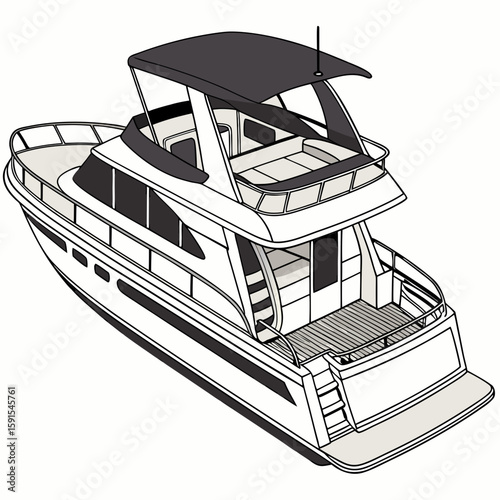 Sleek white motor yacht with dark canopy and seating boat watercraft