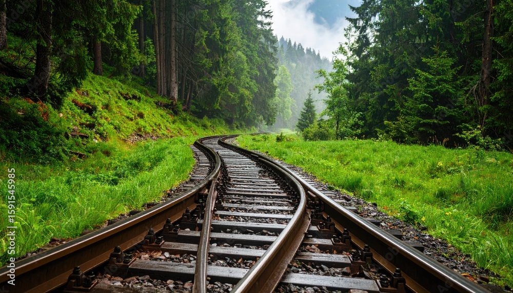 Fototapeta premium Winding train tracks through a lush forest