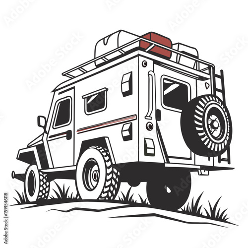 Rugged off road camper vehicle with roof rack and spare tire