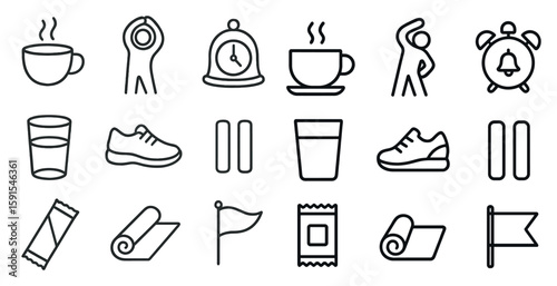 Collection of icons for various activities, including exercise, drinking water, and using a phone. The icons are all in black and white and are arranged in a grid