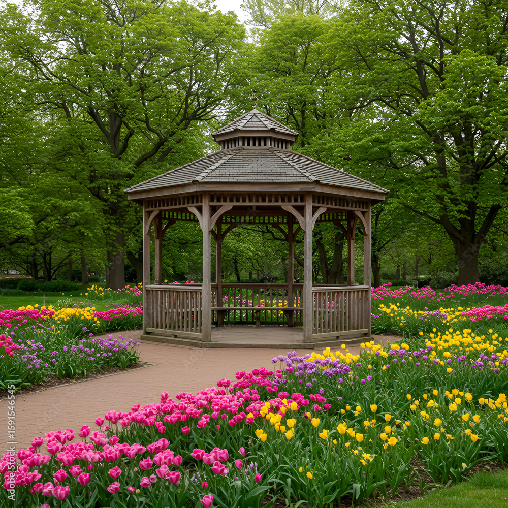 Obraz premium Charming wooden gazebo in a lush green garden, peaceful and inviting