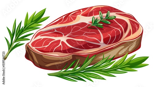 Fresh raw beef sirloin steak lies on a clean white background, richly marbled and glistening with natural juices. A sprig of rosemary rests gently on top, enhancing the visual aroma.