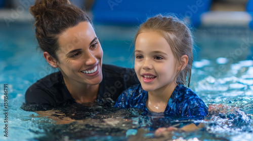 A smiling therapist supports a young girl in a hydrotherapy pool, helping her improve coordination with aquatic techniques