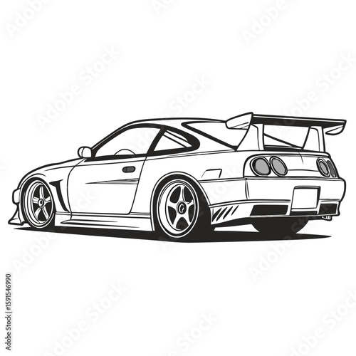 Sleek sports car with large rear spoiler coupe racing