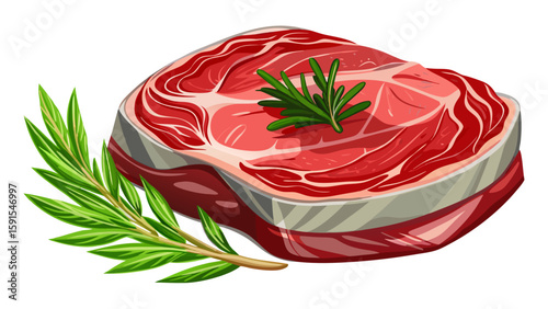 Fresh raw beef sirloin steak lies on a clean white background, richly marbled and glistening with natural juices. A sprig of rosemary rests gently on top, enhancing the visual aroma.