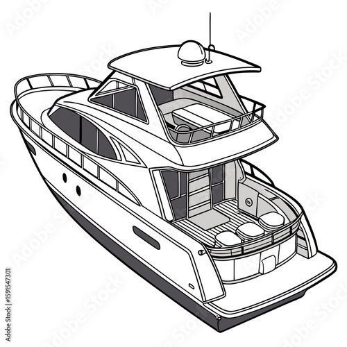 Sleek white motor yacht with upper deck seating motorboat