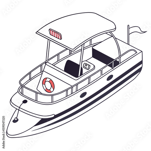 Sleek white motorboat with dark trim and red lifebuoy