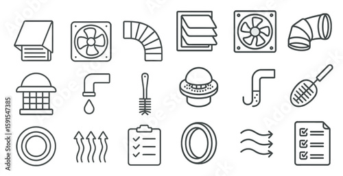 Collection of various objects and symbols related to home maintenance and repair. The objects include a fan, a brush, a wrench, a pipe, and a fan. Scene is one of organization and efficiency