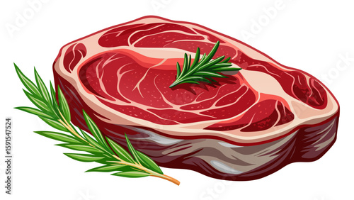 Fresh raw beef sirloin steak lies on a clean white background, richly marbled and glistening with natural juices. A sprig of rosemary rests gently on top, enhancing the visual aroma.