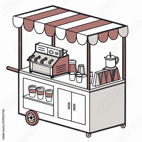 Striped awning coffee cart with espresso machine mobile