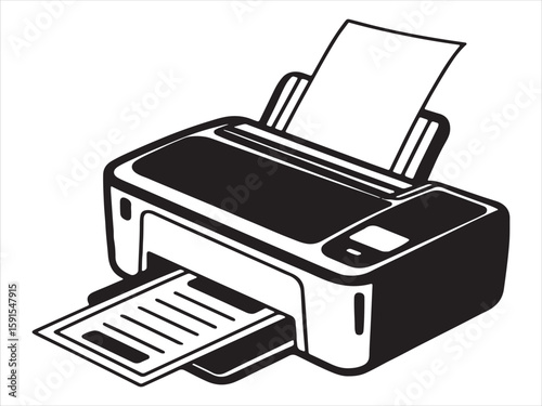 Modern black and white illustration of a home office printer printing a document