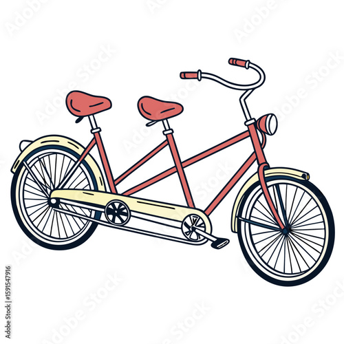 Tandem bicycle with red seats and yellow fenders two seater spokes