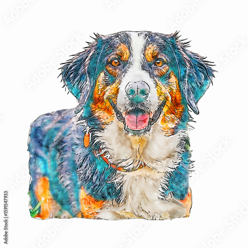 Artistic Watercolor Bernese Mountain Dog Illustration Adorable Smiling Face Animal Art