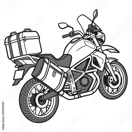 Touring motorcycle with large saddlebags and windshield luggage travel