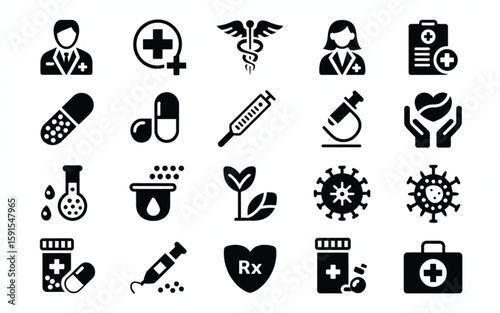 Set of medical icons depicting health care, doctors, virus, and pharmacy services