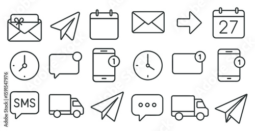Collection of icons for various communication and scheduling apps. The icons include a clock, a calendar, a phone, a truck, a plane, a paper airplane, and a heart. The icons are all in black