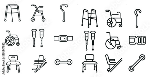 Set of medical equipment including wheelchairs, walkers, and crutches. Concept of mobility and accessibility for people with disabilities