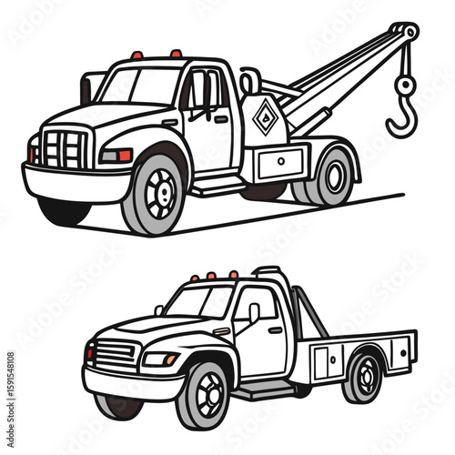 Tow trucks with hook and flatbed on white background flatbed truck towing